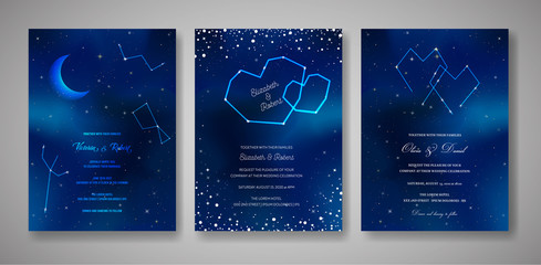 Fototapeta na wymiar Set of Starry Night Wedding Invitation Cards, Save the Date Celestial Template of Galaxy, Space, Stars, trendy Sky Illustration in vector