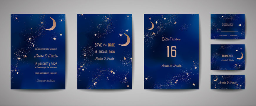 Mystical Night sky background with half moon and stars. Wedding moonlight night Invitation and Save the Date Card in vector