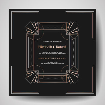 Art deco Wedding Invitation, Luxury Save the Date card with gold geometric frame. Vector trendy cover, graphic poster, gatsby 1920 brochure, design template
