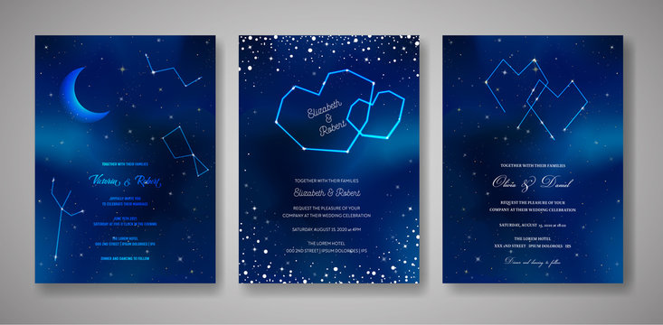 Set Of Starry Night Wedding Invitation Cards, Save The Date Celestial Template Of Galaxy, Space, Stars, Trendy Sky Illustration In Vector