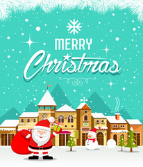 Merry Christmas lettering with Santa Claus and houses snow on blue background, vector illustration
