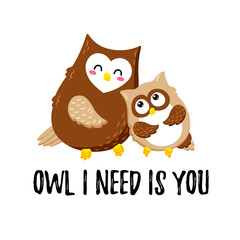 Cute cartoon vector owls. Template for printing. Valentine s Day