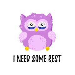 Cute cartoon tired displeased owl. Vector doodle illustration. Template for design, print.