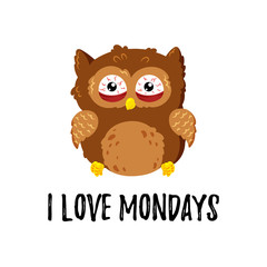 Cute cartoon tired displeased owl. Vector doodle illustration. Template for design, print.