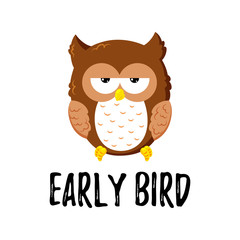 Cute cartoon tired displeased owl. Vector doodle illustration. Template for design, print.