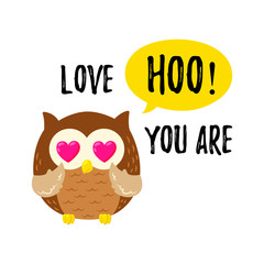 Cute cartoon owl in love. Template for postcard, web design, print. Vector doodle illustration. Valentine s Day