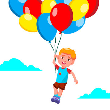 Happy Child Boy Flying In The Sky On Balloons Vector. Illustration