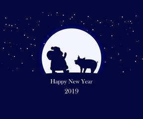 Happy new year background for 2019. Merry Christmas banner. Santa Claus with symbol 2019. Pig. Night sky. Silhouette of Santa.