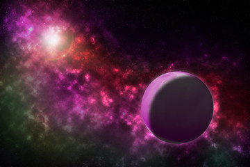 Obraz na płótnie Canvas Pink planet and sun in space. Colorful galaxy in universe, dust and stars. Background.