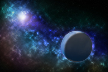 Blue planet and sun in space. Colorful galaxy in universe, dust and stars. Background.