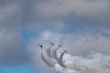 Aerobatic team Russ on aircraft L-39 Albatross performs the program at the air show