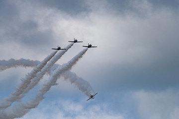 Aerobatic team Russ on aircraft L-39 Albatross performs the program at the air show
