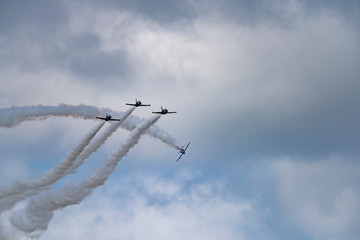 Aerobatic team Russ on aircraft L-39 Albatross performs the program at the air show
