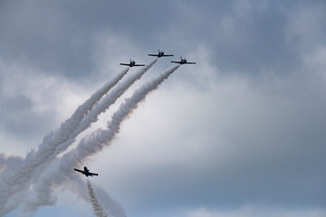 Aerobatic team Russ on aircraft L-39 Albatross performs the program at the air show