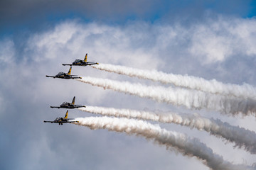 Aerobatic team Russ on aircraft L-39 Albatross performs the program at the air show