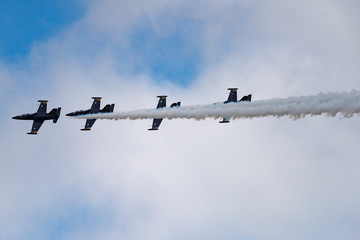 Aerobatic team Russ on aircraft L-39 Albatross performs the program at the air show