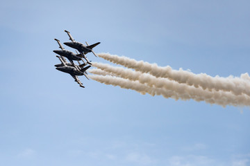 Aerobatic team Russ on aircraft L-39 Albatross performs the program at the air show