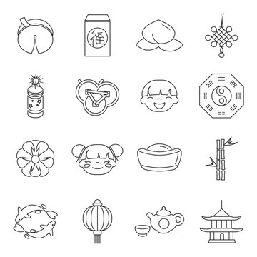 Line art chinese new year party holiday celebration icons set vector illustration