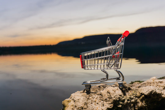 Shopping cart on landscape sunset lake for black friday