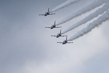Aerobatic team Russ on aircraft L-39 Albatross performs the program at the air show