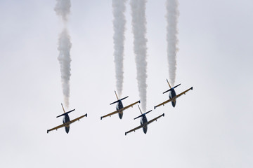 Aerobatic team Russ on aircraft L-39 Albatross performs the program at the air show