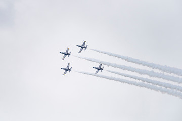 Aerobatic team Russ on aircraft L-39 Albatross performs the program at the air show