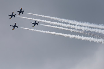 Aerobatic team Russ on aircraft L-39 Albatross performs the program at the air show