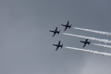 Aerobatic team Russ on aircraft L-39 Albatross performs the program at the air show