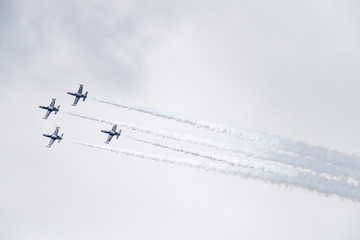 Aerobatic team Russ on aircraft L-39 Albatross performs the program at the air show