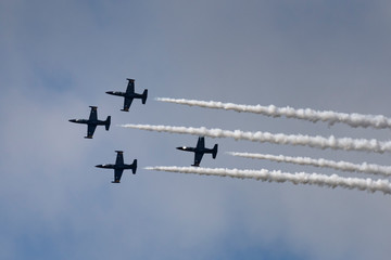Aerobatic team Russ on aircraft L-39 Albatross performs the program at the air show