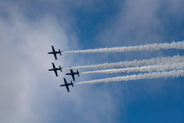 Aerobatic team Russ on aircraft L-39 Albatross performs the program at the air show