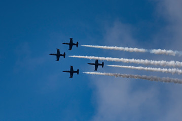 Aerobatic team Russ on aircraft L-39 Albatross performs the program at the air show