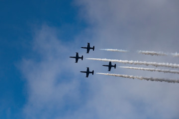 Aerobatic team Russ on aircraft L-39 Albatross performs the program at the air show