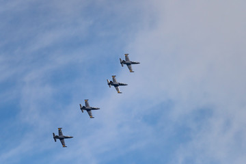 Aerobatic team Russ on aircraft L-39 Albatross performs the program at the air show