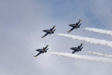 Aerobatic team Russ on aircraft L-39 Albatross performs the program at the air show