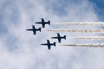 Aerobatic team Russ on aircraft L-39 Albatross performs the program at the air show