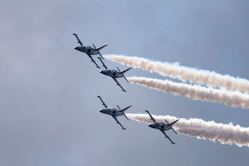 Aerobatic team Russ on aircraft L-39 Albatross performs the program at the air show