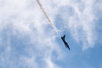 Aerobatic team Russ on aircraft L-39 Albatross performs the program at the air show