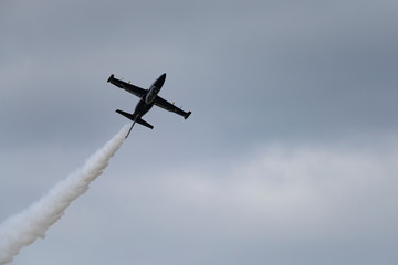 Aerobatic team Russ on aircraft L-39 Albatross performs the program at the air show