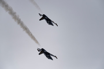 Aerobatic team Russ on aircraft L-39 Albatross performs the program at the air show