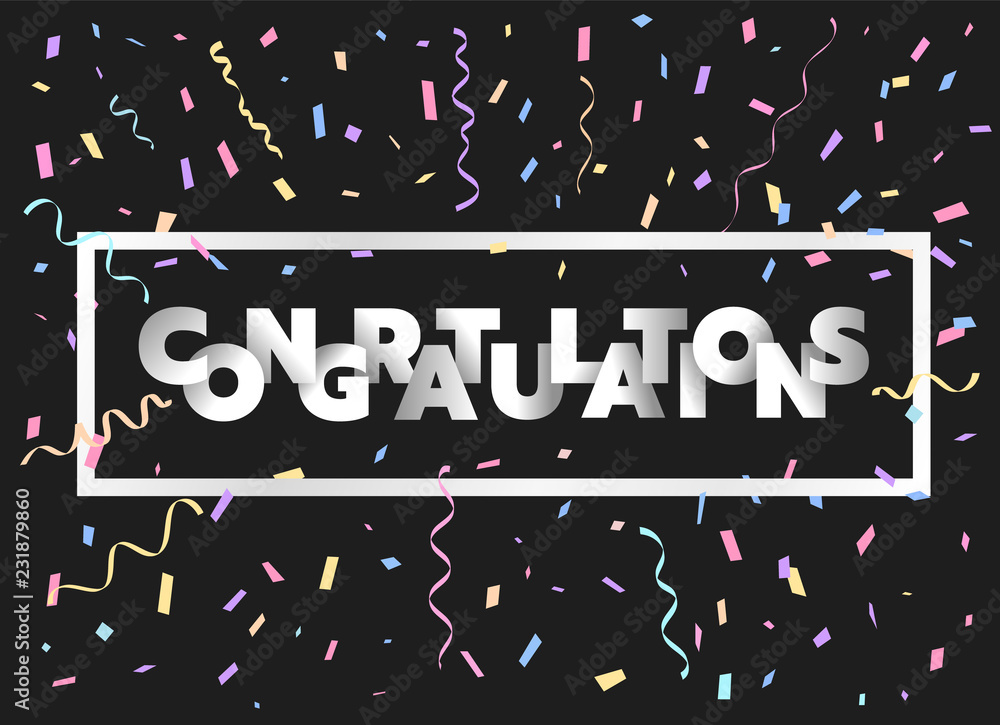 Poster congratulations text on frame with party popper and party ribbon abstract background vector design