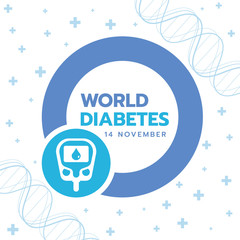 World Diabetes Day banner with Blue circle sign and  Blood Sugar Test sign on cross plus and dna background vector design