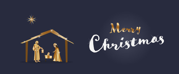 Fototapeta na wymiar Christmas time. Nativity scene with Mary, Joseph and baby Jesus. Text : Merry Christmas