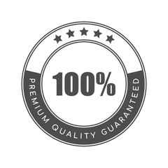 100% premium quality guaranteed word and five star on circle badge vector. Minimalist style, simple design, black and white color.