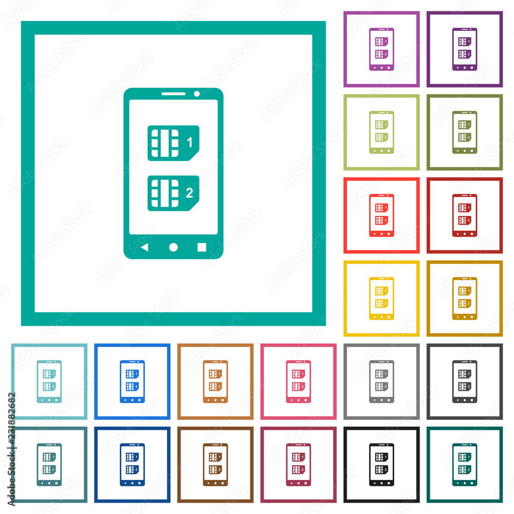 Poster dual sim mobile flat color icons with quadrant frames