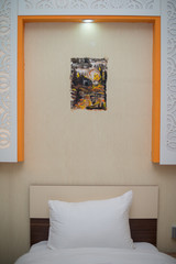 Hotel room interior, hotel room bedroom, hotel room with flower, Apartment room