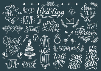 Cute decorations for wedding invitations, overlays with text Save the Date. Vector collection of handwritten catchwords.