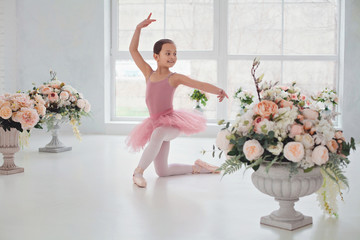 ballet dancer girl in pink pointe and tutu in hall with big window , little ballerina stand on one...