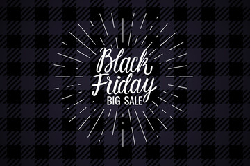 Lettering inscription card Vector Black Friday with rays. Big Sale Design on checkered dark background. Round emblem symbol illustration.