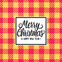 Merry Christmas Black hand drawn lettering text inscription. Vector illustration Checkered red yellow orange background. Holiday Happy New Year Greeting Design Card